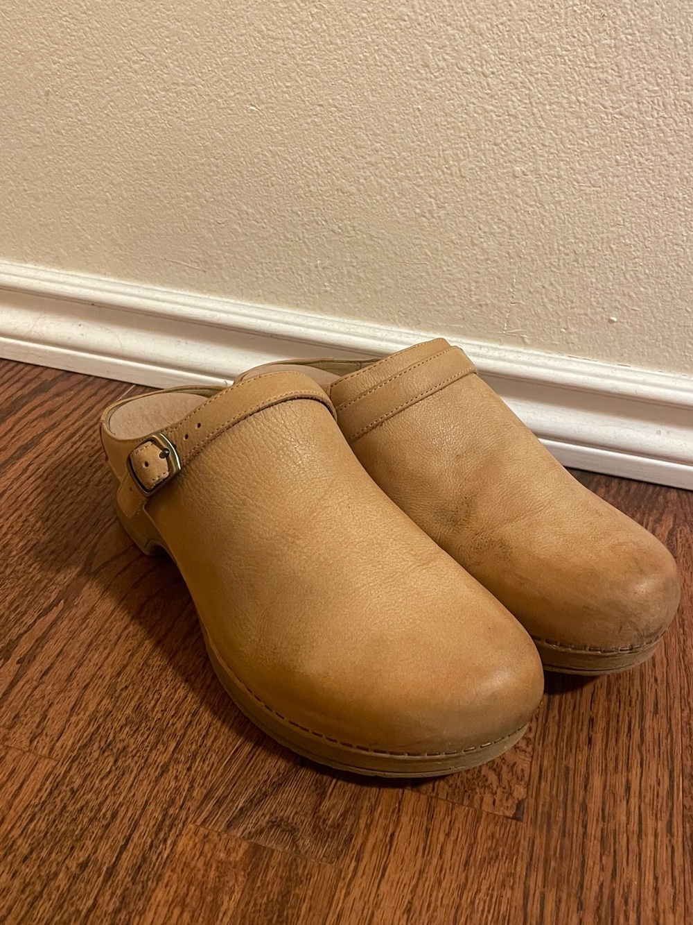 Dansko Tan Leather Clogs with Adjustable Side Buckle